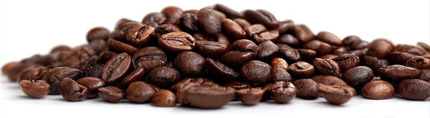 Obraz premium Roasted coffee beans piled high on a white background
