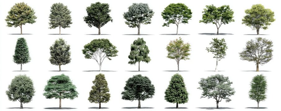 Variety of trees, isolated on white