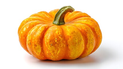 Fototapeta premium A single orange pumpkin with a green stem on its top. The textured surface is a vibrant color