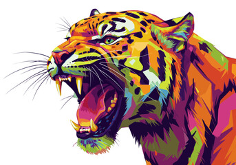 Colorful Roaring Tiger Art – Wild Jungle Cat Illustration – Vibrant Animal Portrait – Bold Wildlife Drawing – Fierce Pop Art Wall Decor Print

