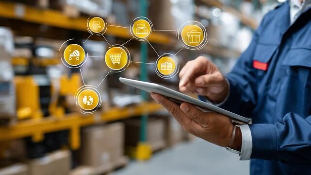 Warehouse Inventory Management: A warehouse worker meticulously uses a digital tablet, connected to icons depicting key elements of modern supply chain management. - Powered by Adobe
