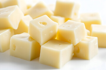 Close-up of classic emmental cheese cubes for culinary and food design