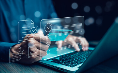 checklist and clipboard task documentation management, business people working laptop checklist...