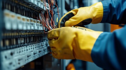 A photo of an electrician expertly repairing wiring inside an electrical panel, showcasing detailed textures and protective gear.