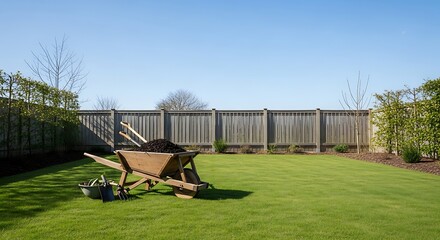 A sunny day in a wellkept garden with a wheelbarrow filled with soil and a wooden fence in the background