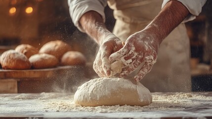 A baker kneads dough in a rustic kitchen, surrounded by flour dust and fresh bread, capturing the essence of culinary tradition.