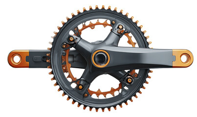 Close-up of a dark gray bicycle crankset with orange accents.  The circular chainring, with multiple gear sprockets, is highlighted