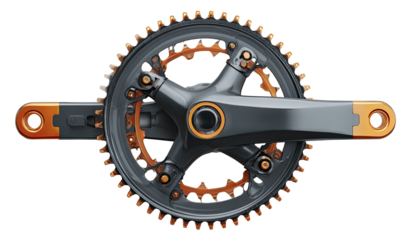 Close-up of a dark gray bicycle crankset with orange accents.  The circular chainring, with multiple gear sprockets, is highlighted