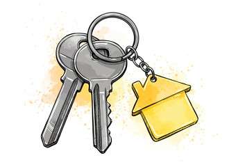 House Keys Illustration – Watercolor Home Keychain Art – Real Estate Concept Decor – New Home Symbol Drawing – Property Access Keyring Design Print

