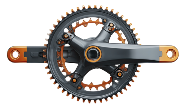 Close-up of a dark gray bicycle crankset with orange accents.  The circular chainring, with multiple gear sprockets, is highlighted