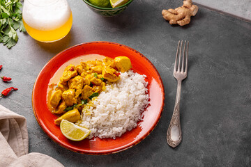 Chicken in curry sauce and rice on grey background, Indian food