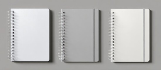 Three blank spiral-bound notebooks, one white, one gray, and one off-white, lie flat on a neutral gray surface
