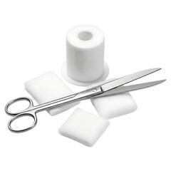 Medical bandage scissors and gauze pads isolated on transparent background
