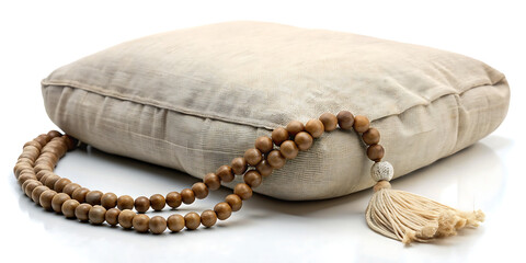 Fototapeta premium A strand of wooden prayer beads with a beige tassel resting on a soft, textured cushion, symbolizing spirituality and meditation, isolated on a white background