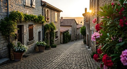 Fototapeta premium Charming european cobblestone alleyway lined with flowers and stone buildings