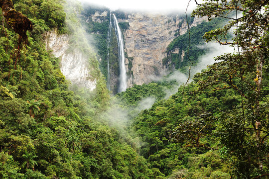 Gocta Waterfalls, one of the tallest waterfalls in the world, located in the Amazonas region of northern Peru. Surrounded by lush cloud forest, this remote natural wonder cascades over 700 meters tall