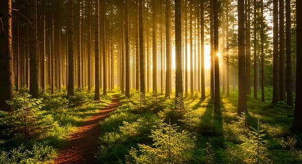 Golden sunbeams pierce through a lush forest canopy