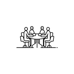 A minimalist line art icon of four people sitting at a round table for a business meeting or discussion.
