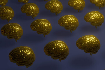 A row of gold colored heads are shown on a blue background