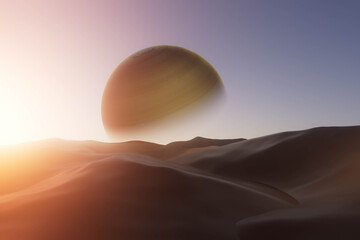 A large planet is in the sky above a desert