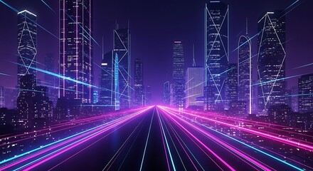Futuristic cityscape with neon light trails at night