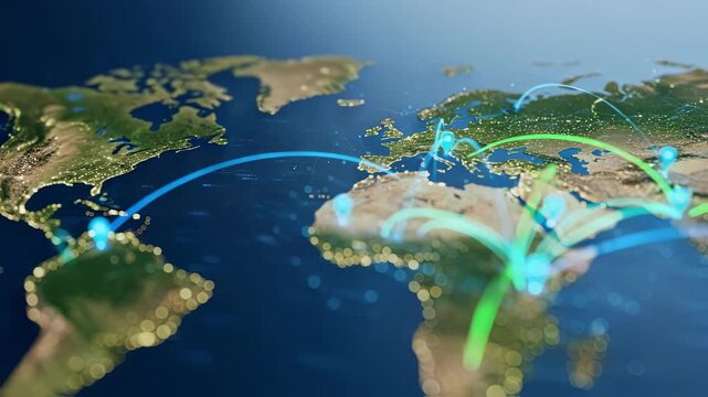World map with pinpointed warehouses linked by arrows conveying crossborder transport and inventory management.