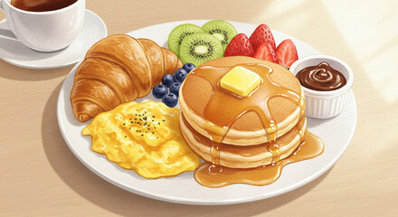 水彩で描かれたふわふわパンケーキと朝食プレート