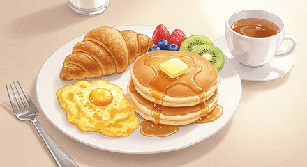 水彩で描かれたふわふわパンケーキと朝食プレート