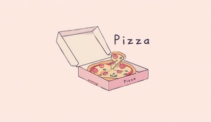 Simple illustration of a pizza in a pink cardboard box.  A slice is partially removed