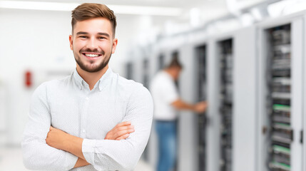 Technical professional in casual attire exuding confidence with a determined look, set against a softly blurred server room background.