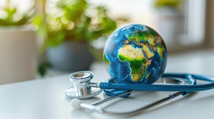 Global Health and Wellness: A symbolic representation of global healthcare, this image features a globe resting beside a stethoscope.