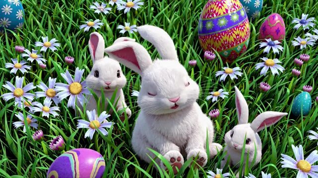 Whimsical video scene of three white rabbits among colorful Easter eggs and daisies. Eye-level angle captures the playful, vibrant atmosphere. Live desktop wallpaper.