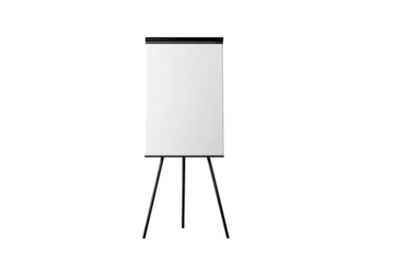 A blank, white presentation board, square in shape, stands on three dark legs