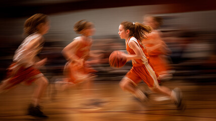 Youth girls basketball game mid‑pass, motion blur, expressive faces