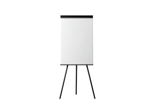 A blank, white presentation board, square in shape, stands on three dark legs