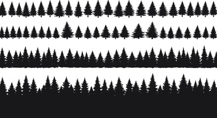 Silhouette rows of pine trees, seamless forest border design, vector illustration, black tree pattern, nature background, evergreen woodland landscape, conifer tree art file

Art & Illustration