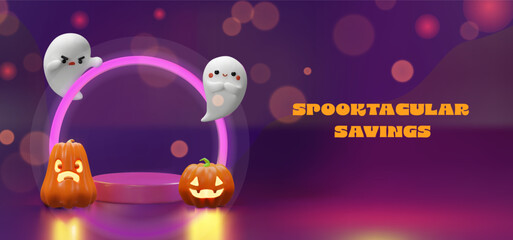 3D Halloween scene with two cute ghosts and glowing pumpkins around a neon ring. Perfect for spooky banners, party invites, or seasonal sales. Bright colors and magical atmosphere.