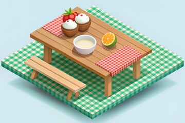 Photo of an isometric illustration of a wooden picnic table set with cupcakes, berries, an orange slice, and a bowl of dip on a green and white checkered tablecloth, accompanied by a small bench
