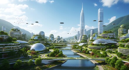 Futuristic green city with flying vehicles and lush nature