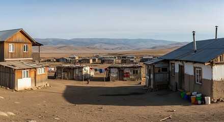 Naklejka premium Rural mongolian village with traditional wooden houses and dry landscape