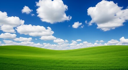 Fototapeta premium Vast green rolling hills under a bright blue sky with fluffy white clouds, a serene natural landscape