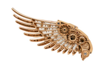 A detailed, intricate wing, crafted from golden gears and mechanical components