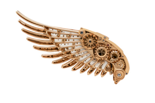 A detailed, intricate wing, crafted from golden gears and mechanical components