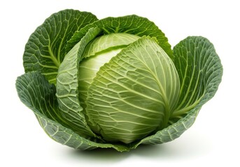 Obraz premium A single fresh vibrant green cabbage isolated on a white vegetable food