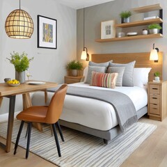 Fototapeta premium Bright and Airy Modern Bedroom with Wooden Accents and Neutral Palette