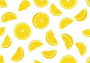 Bright yellow lemon slices scattered across a white citrus fruit