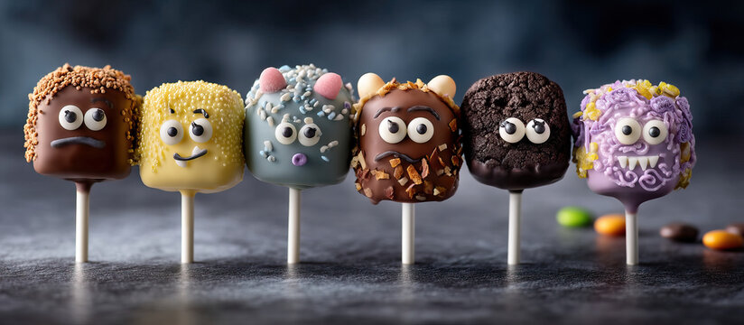 Halloween cake pops with monster faces aligned in row, decorated with colorful icing, candy eyes, and various toppings, creating fun and spooky treat for parties