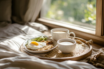 A cozy breakfast spread features a plate of eggs and greens alongside two cups of coffee, set on a tray beside a sunlit window. Perfect for a relaxed morning at home