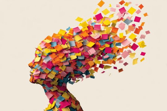 Abstract female profile, colorful sticky notes explode from head
