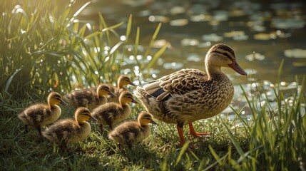 Mother Duck Leading Ducklings by the Pond